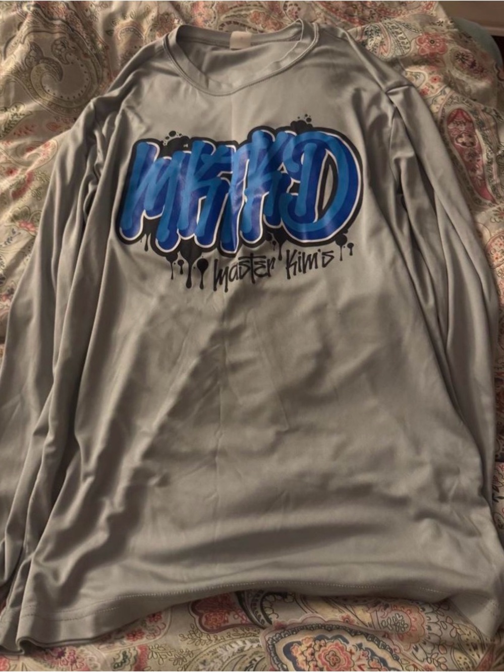Grey Long-Sleeve Graphic Tee with Blue Logo